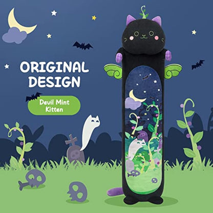 Mewaii 20in Long Devil Mint Cat Plush Pillows Stuffed Animals Squishy Pillows - Plushie Cute Kitty Sleeping Hugging Plush Pillow Soft Toys for Kids(Black)