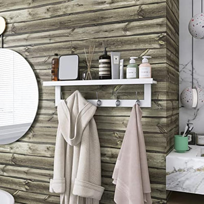 SMIBUY Coat Hooks with Shelf Wall-Mounted, 74 cm Entryway Coat Rack for Wall, Bamboo Hanging Shelf with 5 Double Metal Hooks for Bathroom, Bedroom, Kitchen, Living Room, Mudroom (White)