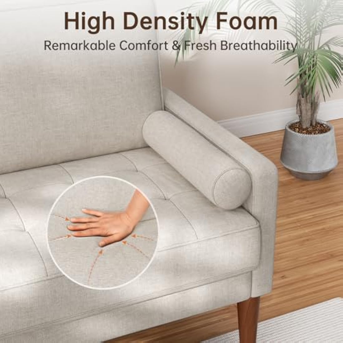 Vesgantti Linen Sofa With Spring Cushion - Small 2 Seater for Living Room, Bedroom, Office - Comfy Couch With Armrests - Modern Love Seat in Ashbeige