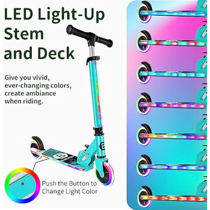BELEEV V2 Scooters for Kids with Light-Up Wheels & Stem & Deck, 2 Wheel Folding Scooter for Girls Boys, 3 Adjustable Height, Non-Slip Pattern Deck, Lightweight Kick Scooter for Children Ages 3-12