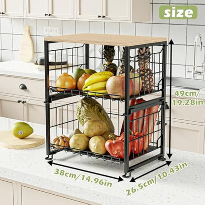 UMDONX Fruit Rack,Kitchen Countertop Wire Storage Basket,Vegetable Rack,Fruit and Veg Storage 2 Layers (Black)