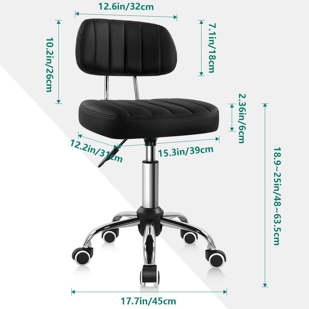 BFTOU Square Swivel Stool on Wheels Perfect for Work SPA Shop Massage Height-Adjustable and Cost-Effective Rolling Stool Chair with Back Black