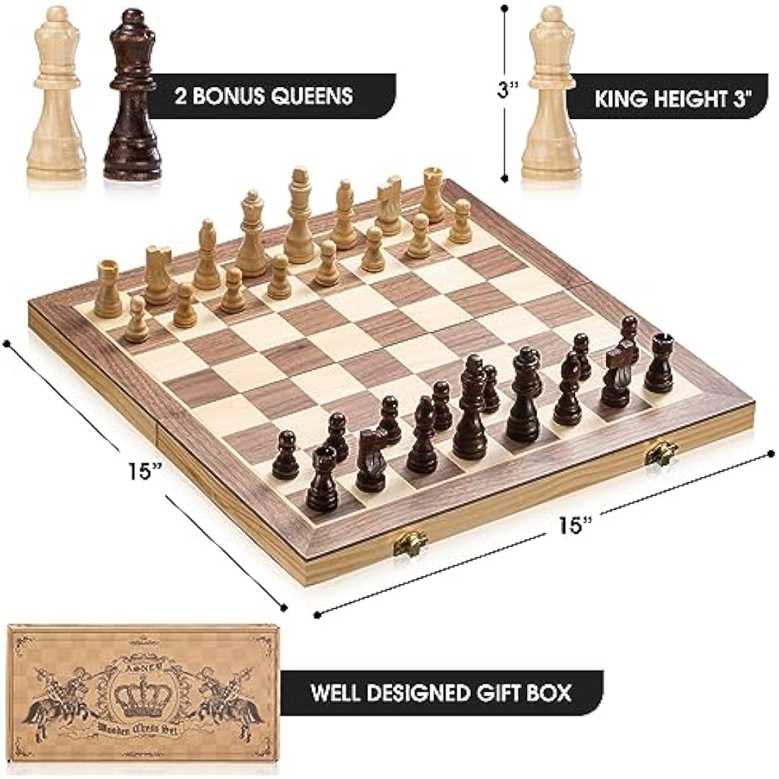 ASNEY Magnetic Chess Set, 15 Inches Tournament Staunton Wooden Chess Board Game Set with Crafted Chesspiece for Kids Adult, with Extra Kings Queens Carry Bag