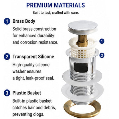 WaiiHO 021 Basin Drainer with Overflow, Brass, Chrome Finish, with Drain Basket, G1 1/4