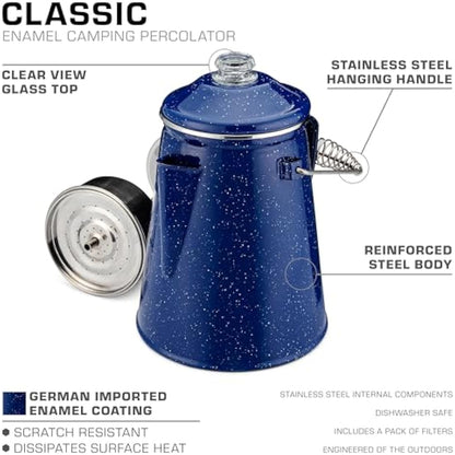 COLETTI Classic Coffee Percolator — Cowboy Coffee Pot, Stovetop Coffee Maker – For Campsite Brewmasters Everywhere [Blue Enamel, 12 Cup]