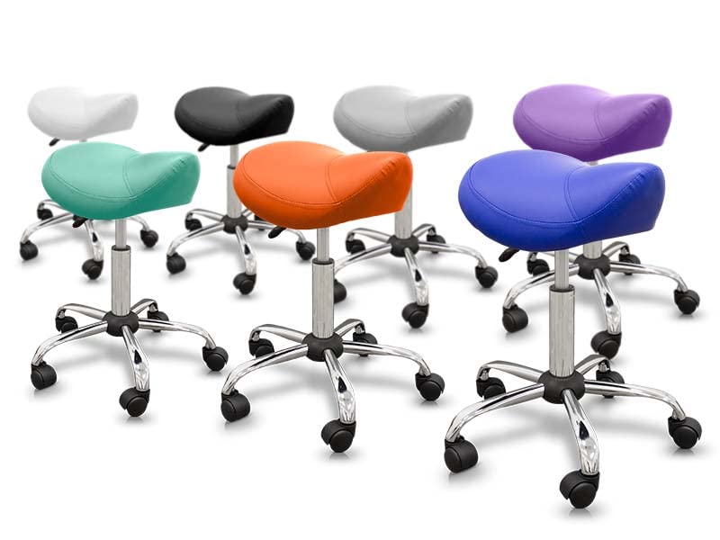 QUIRUMED Ergonomic Pony Stool with Steel Base, Orange, Upholstered in Leatherette, Adjustable Height, Padded Seat, Swivel Wheels, Up to 150 kg