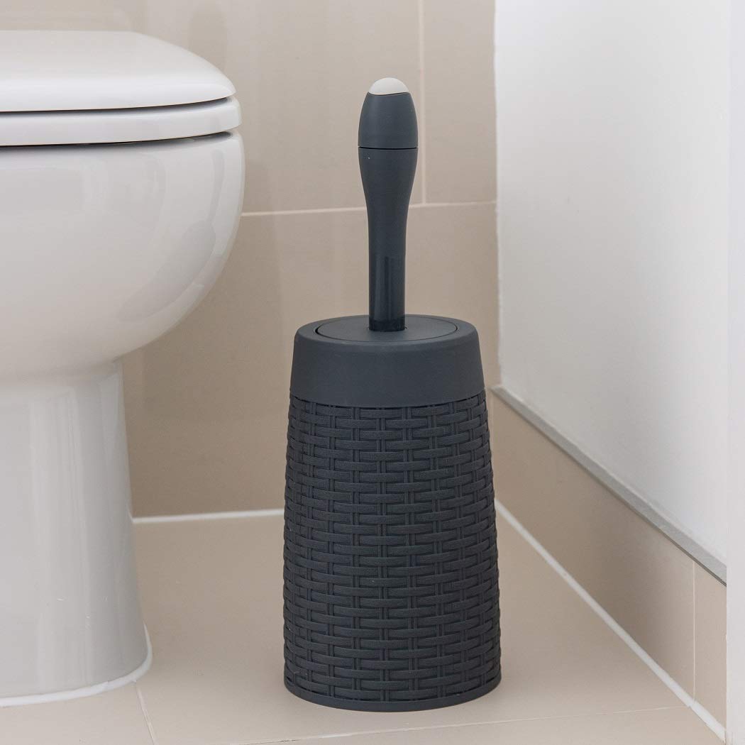 Addis 517484 Faux Rattan Round Toilet Brush Set with Internal Detergent Injection System, Charcoal Grey