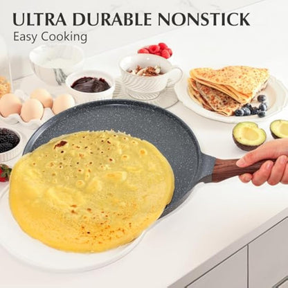 SENSARTE Non Stick Crepe Pan, Dosa Pan Die-cast Auluminium Pancake Flat Skillet Tawa Griddle 26cm with Stay-Cool Handle, Induction Compatible, PFOA Free