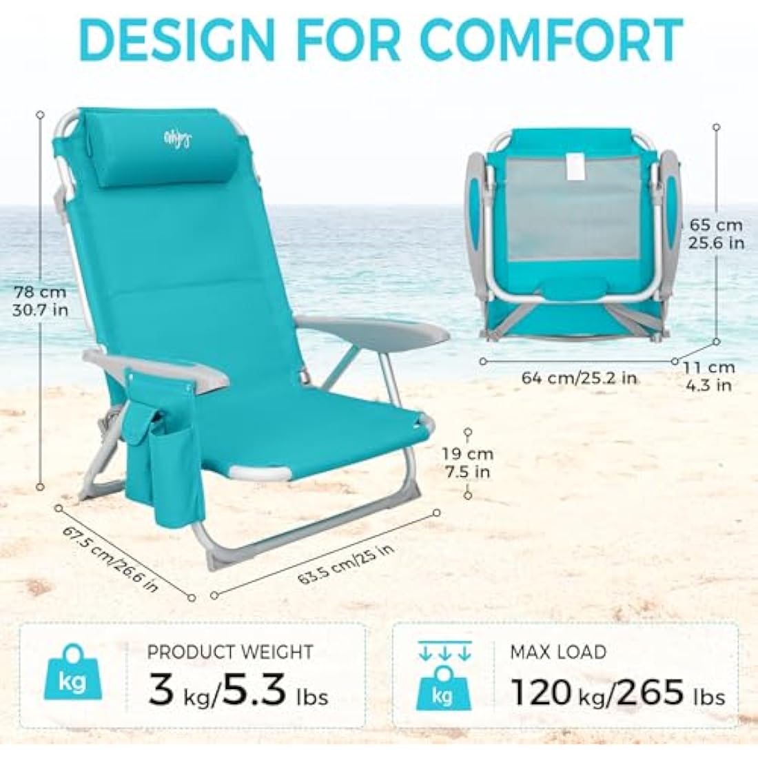 #WEJOY 4-Position Adjustable Beach Chair for Adults, Folding Low Camping Chairs Aluminum Lightweight & Portable, High Back Pillow Pocket Outdoor Reclining Garden Chair