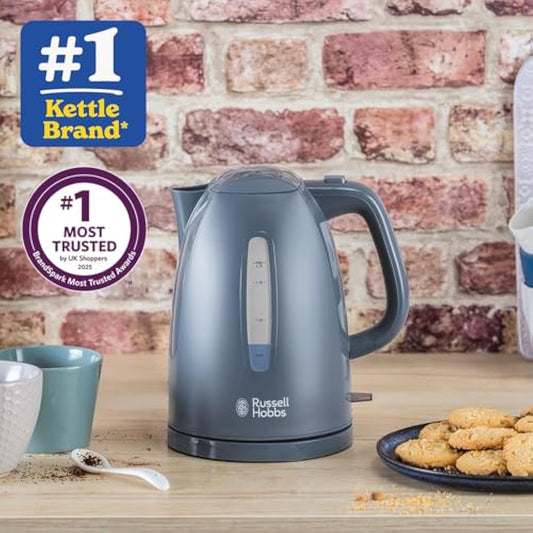 Russell Hobbs Textures Electric 1.7L Cordless Kettle (Fast Boil 3KW, Grey premium plastic, matt & high gloss finish, Removable washable anti-scale filter, Push to open lid, Perfect pour spout) 21274
