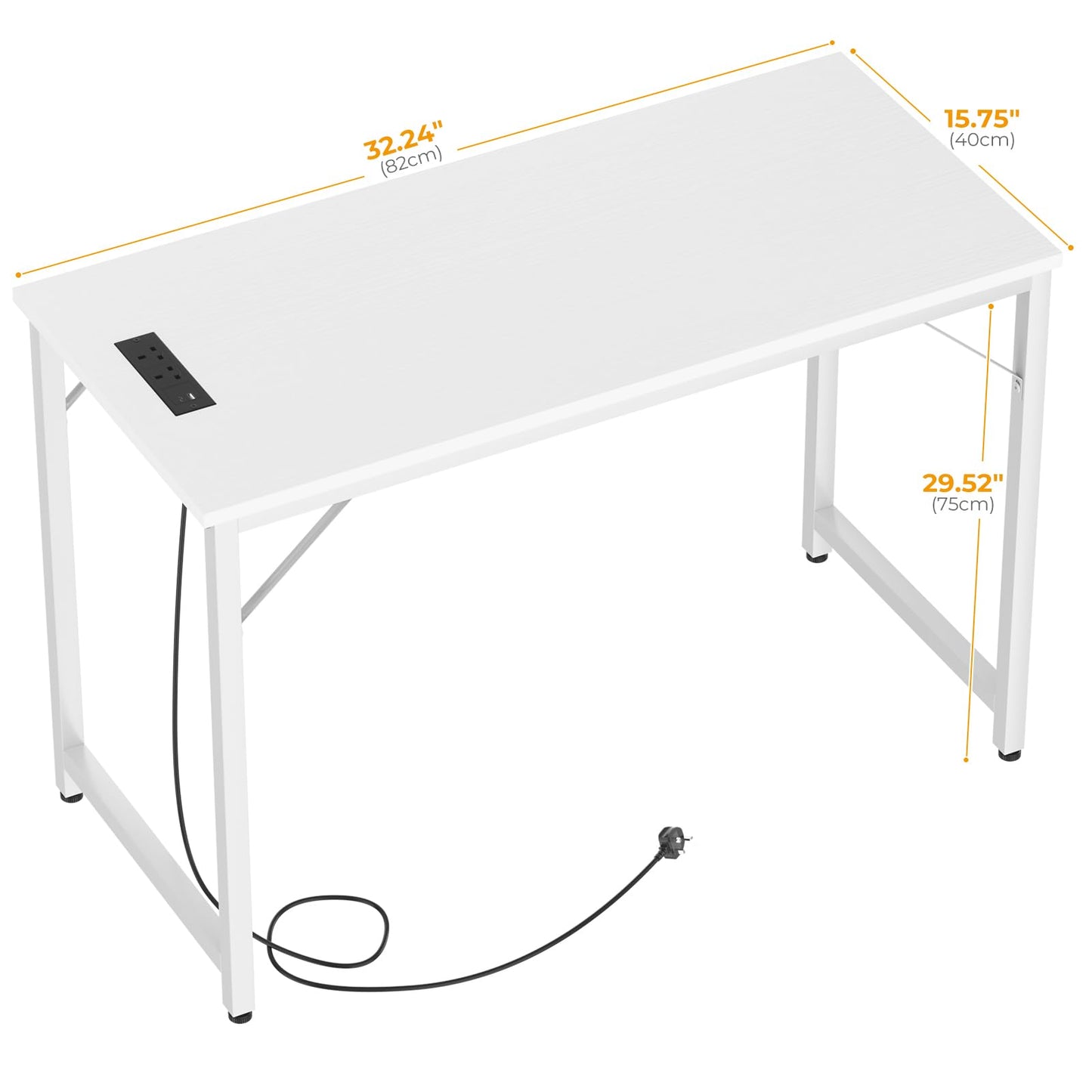 iSunirm 32 inch White Computer Desk with Power Outlets, Small Gaming Desk, Compact Home Office Desk for Small Spaces, Study Writing Table for Bedroom