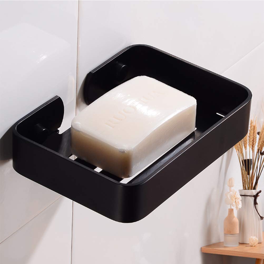 TOPINCN Aluminium Soap Holder, Rectangular Black Soap Dish with Drain, Drill-Free or Bonding Installation, Ideal for Shower, Bathroom Sink