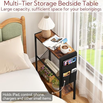 Yusong Small Narrow Side Table for Small Spaces, Slim End Table with Storage Bag, Sofa Snack Table with Adjustable Metal Mesh, 3 Tier Accent Skinny Beside Table for Living Room & Bedroom, Rustic Brown
