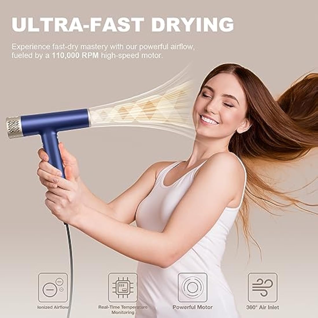 YAPOY Professional Hair Dryer with Diffuser Fast Drying 200 Million Ionic Blow Dryer with 110, 000 RPM High-Speed No Heat Damage Intelligent Thermo-Control Low Noise - Blue