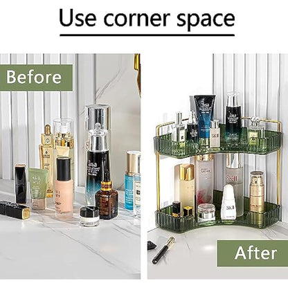 Baoswi 2-Tier Green Corner Makeup & Skincare Organiser, Perfume & Dressing Table Organiser, Triangle Corner Storage