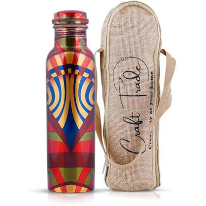 Craft Trade Printed Pure Copper Bottle with Lid and Carry Bag for Drinking Water BPA Free Leak Proof Boosts Immunity, Supports Digestive & Ayurveda Inspired 34oz - 1 Litre