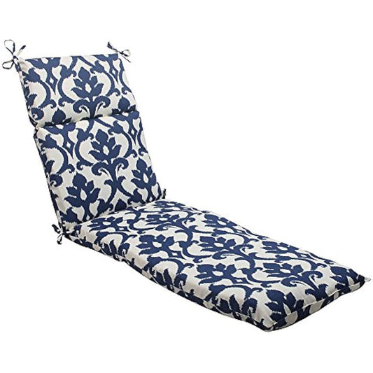 Pillow Perfect Damask Indoor/Outdoor Split Back Chaise Lounge Cushion with Ties, Plush Fiber Fill, Weather, and Fade Resistant, 72.5" x 21", Blue/White Basalto, 1 Count
