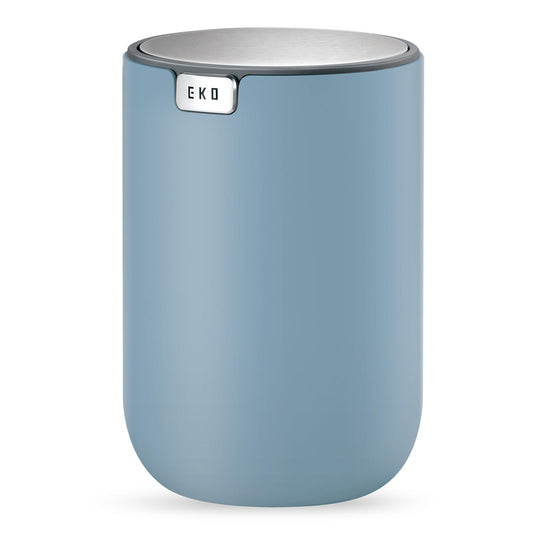 EKO Mini Desk Trash Can with Swing-Top Lid 0.4 Gallon Small Table Round Wastebasket for Office, Home, Car Blue
