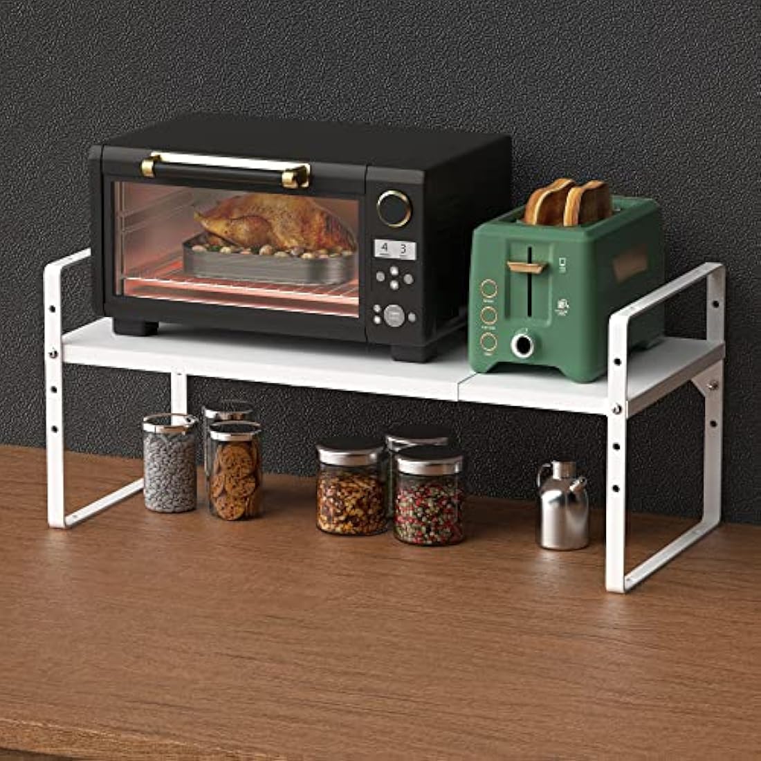 iPEGTOP Expandable Cabinet Storage Shelf Organizer Rack, Heavy Duty Steel Metal Spice Rack Adjustable Height Home Office Pantry Shelf Space for Counter Kitchen Organization, White, Medium