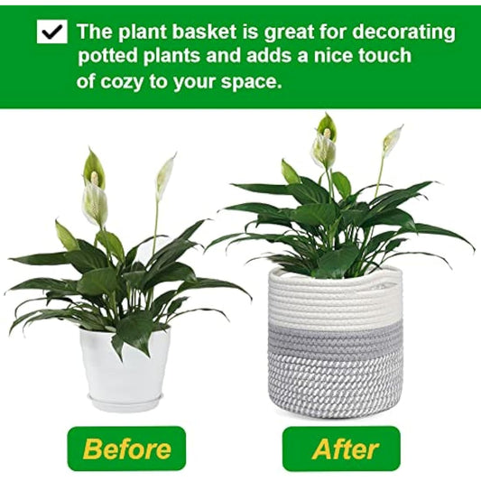 tenn well 20cm Plant Pot with Liner, Cotton Indoor Planter Woven Storage Basket for Indoor Plants Flower Pot and Home Decoration (White and Grey)