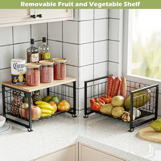 UMDONX Fruit Rack,Kitchen Countertop Wire Storage Basket,Vegetable Rack,Fruit and Veg Storage 2 Layers (Black)