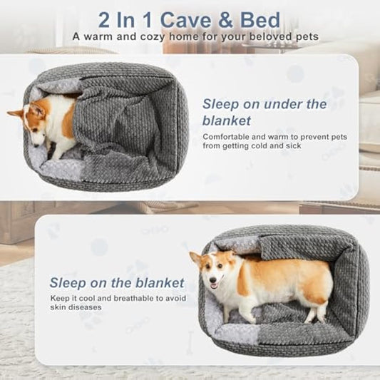 Heymamba Extra Large Dog Bed Rectangle Large Pet Beds Grey, Hooded Pet Cave Bed with Designed for Wheat Grain, Soft Rose Fluff XL Dog Cave With Nonskid Bottom for Labrador, 90x65x23cm