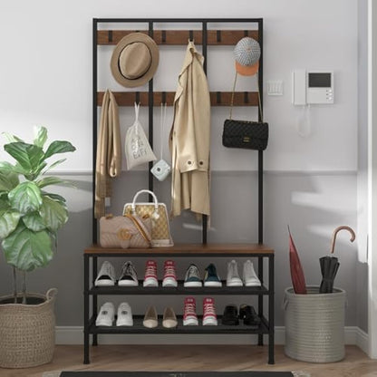 Dripex Large Coat Rack Stand Industrial Coat Stand with Hooks and Shoe Bench Clothes Hat Rack Shelf Metal Frame for Bedroom Living Room Hallway (with 12 Hooks)