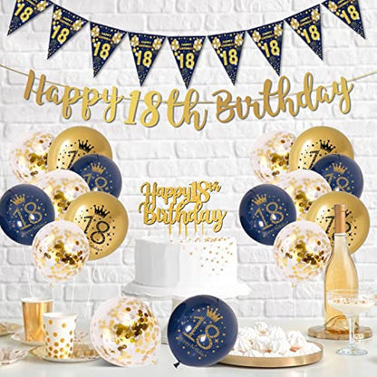 18th Birthday Decorations Boys Blue Gold Happy 18th Birthday Banner, 18th Birthday Balloons, Navy Blue Gold Latex Balloons Party Decorations Confetti Balloons for Boys 18 Birthday Party Supplies