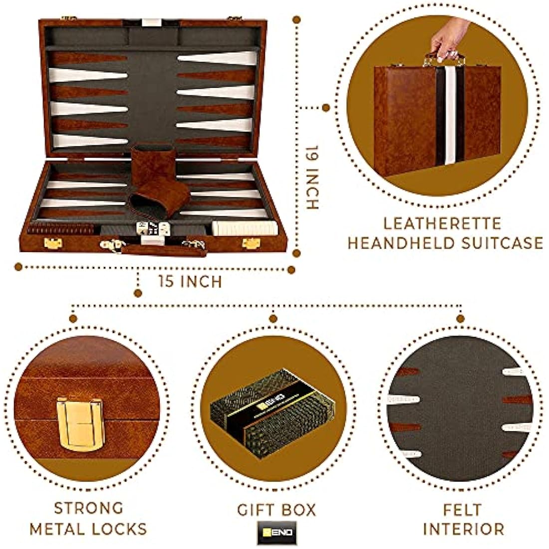 RENO Backgammon Set-15 Inch Elegant Leather Backgammon Sets - Backgammon set for Adults and Kids -Travel Backgammon -Garden games-Board games for 2