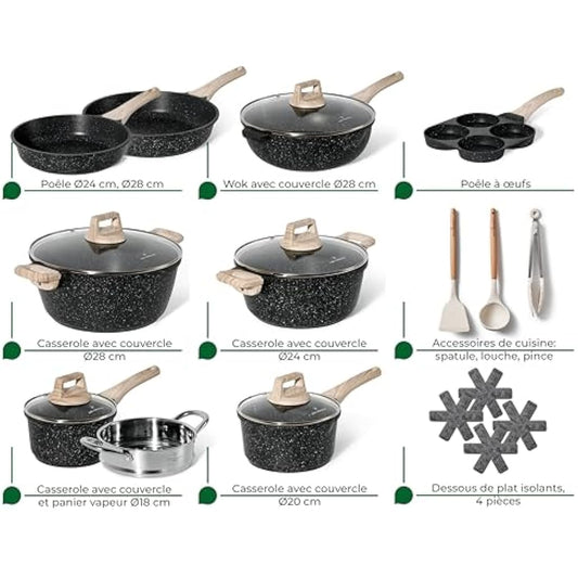 Just Perfecto pots and Pans Sets Non Stick, Induction hob pan Set, Saucepan Set, Non Stick Frying pan Set with lid Stock Pot, deep Frying pan, pots and Pans Set Granite cookware Set (21 Pcs Black)
