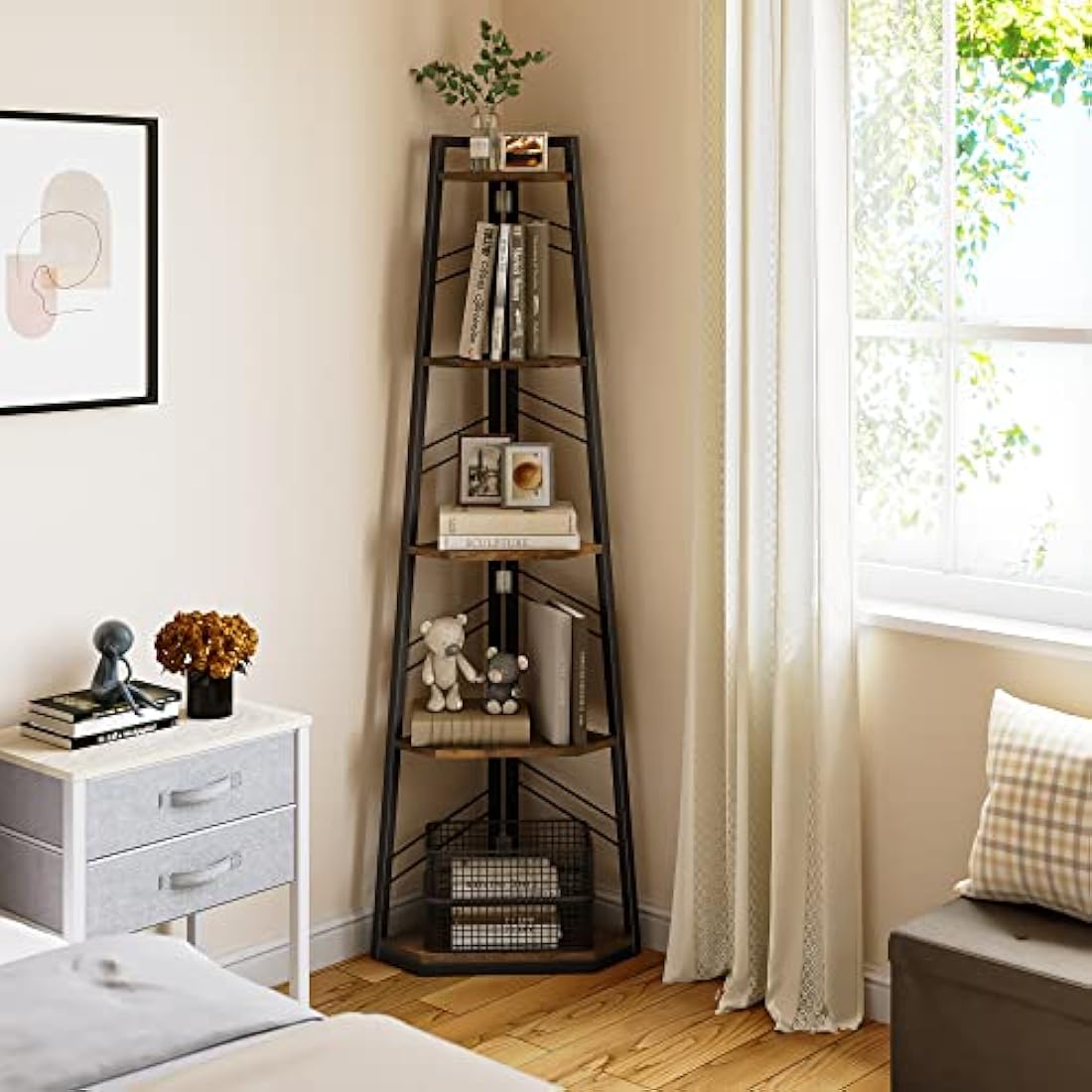 YITAHOME Corner Shelf 5 Tiers, Industrial Bookshelf Modern Floorstanding Corner Bookcase Ladder Shelf Wooden Open Display Shelving Unit for Living Room, Hallway, Home Office, Rustic Brown Book shelf