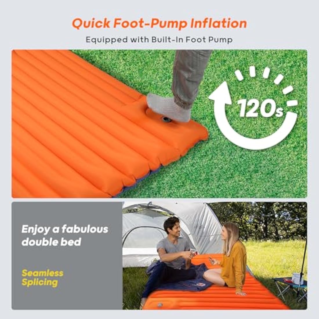 VALEHOWL 10CM Thick Double Sleeping Mat for Camping, with Foot Pump and Pillow, Lightweight Camping Mattress 2 Person for Outdoors, Backpacking, Hiking