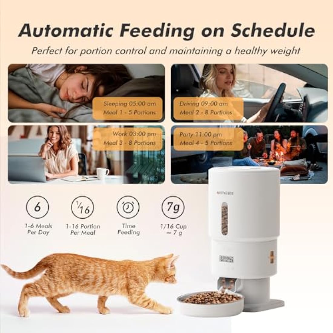 Automatic Cat Feeder, 5L Cat Feeder Automatic with Timer, Keep Food Fresh, Up to 16 Portions 6 Meals Per Day, Food Dispenser with Stainless Steel Cat Food Bowl, 10s Voice Recorder, Dual Power Supply