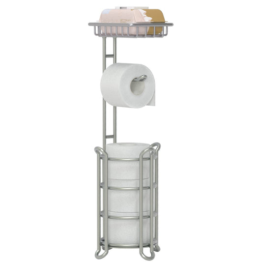 Silver Free-Standing Toilet Paper Holder ? Tissue Dispenser with Extra Shelf for Bathroom Storage ? Fits Mega Rolls, Phone, and Wipes, 6.5 * 24", 6.5