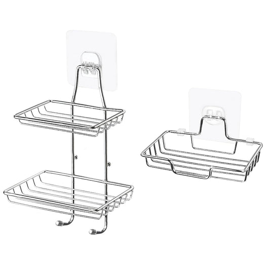 DOERDO 3 Tier Soap Dish Holder for Shower, Stainless Steel Wall-Mounted Bar Soap Sponge Holder with Hook, for Bathroom Kitchen