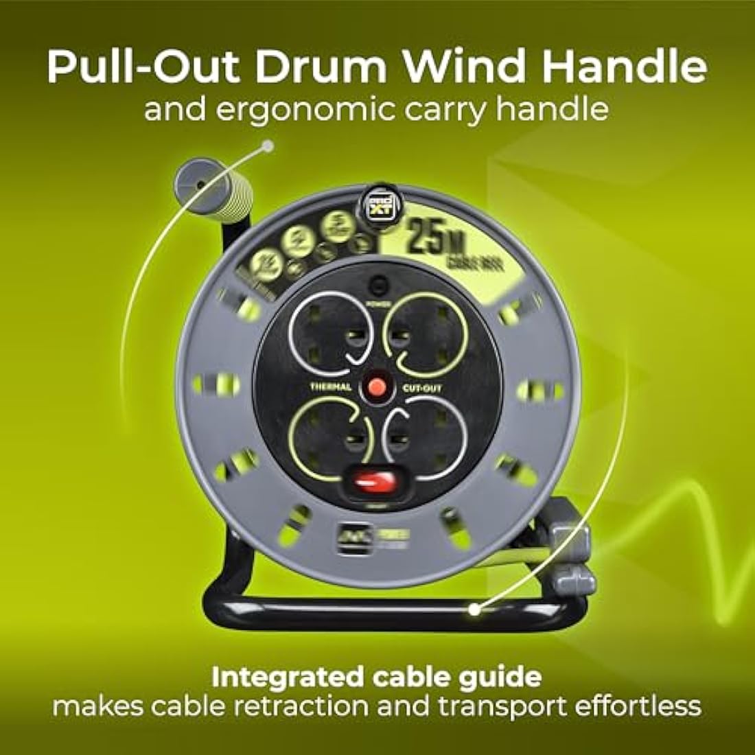 Masterplug Pro-XT Four Socket Open Cable Reel Extension Lead with Winding Handle, Thermal Cut Out and Power Switch, 25 Metres High Visibility Cable , Green