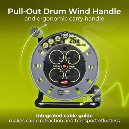 Masterplug Pro-XT Four Socket Open Cable Reel Extension Lead with Winding Handle, Thermal Cut Out and Power Switch, 25 Metres High Visibility Cable , Green