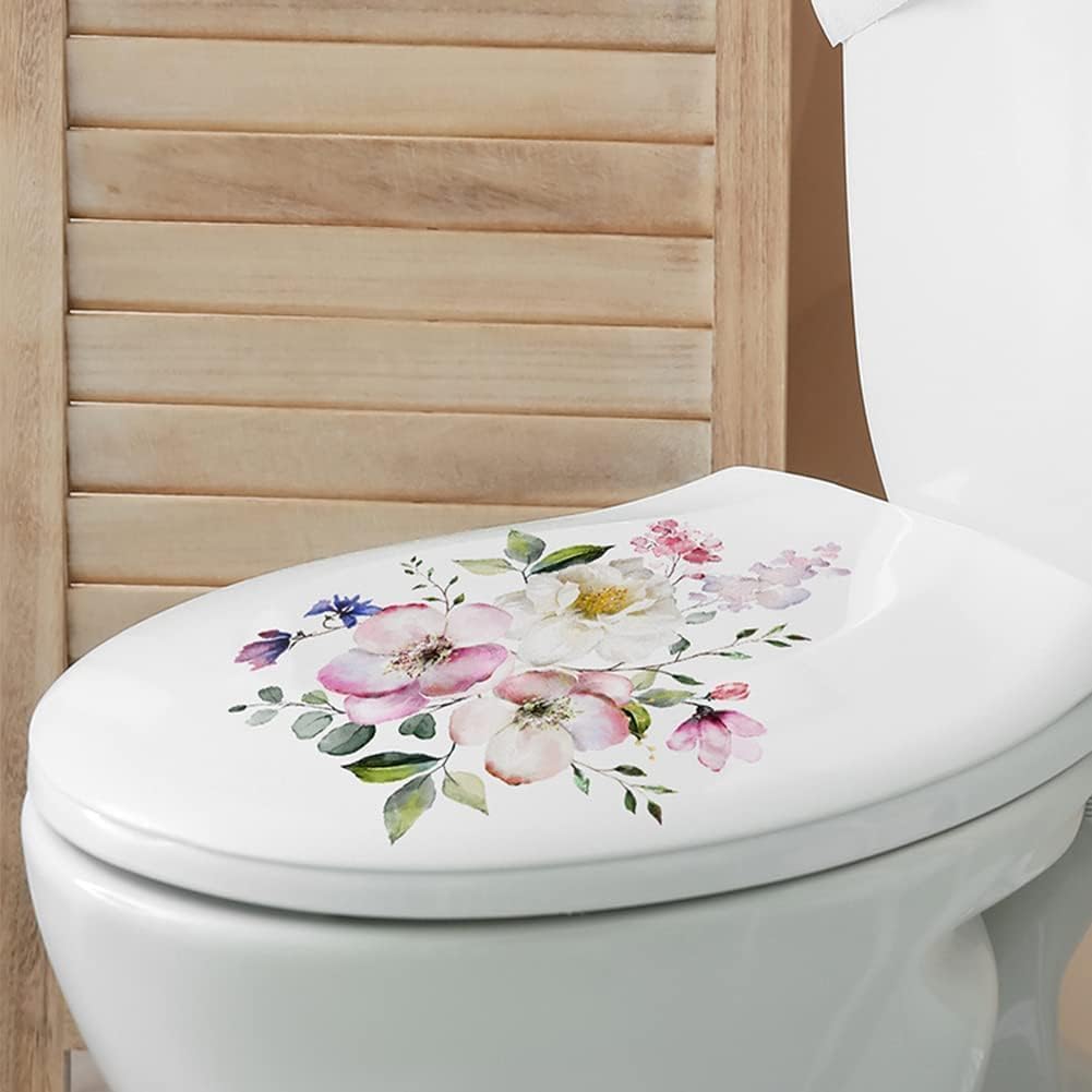 Flowers Toilet Seat Lid Stickers, Toilet Lid Cover Decals Self-Adhesive Removable Bathroom Wall Sticker Flower Pattern for Restroom WC Decorations