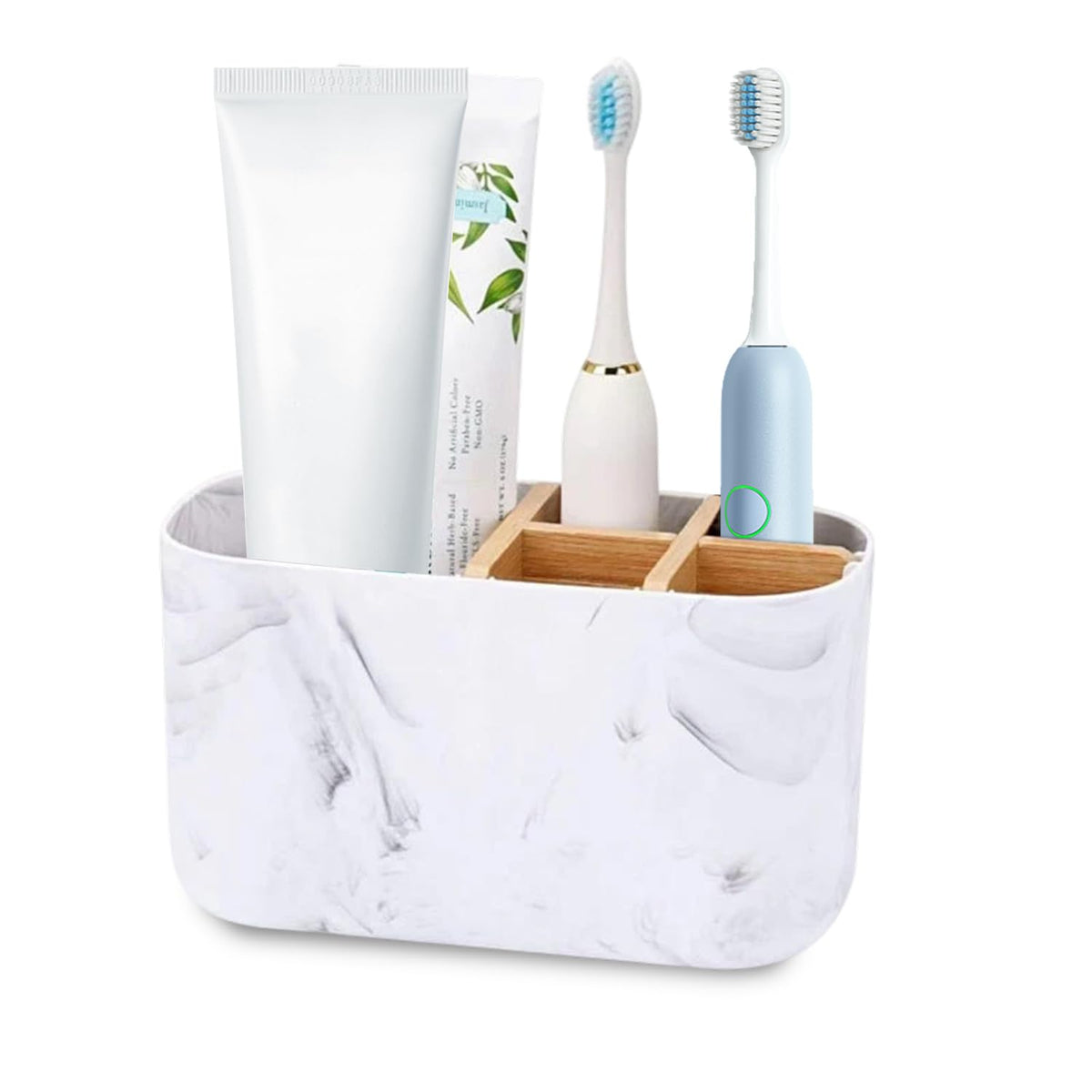 Toothbrush Holder, 5 Slots Electric Toothbrush Holder with Detachable Bamboo Divider, Countertop Toothpaste Storage Caddy for Family & Easy to Clean