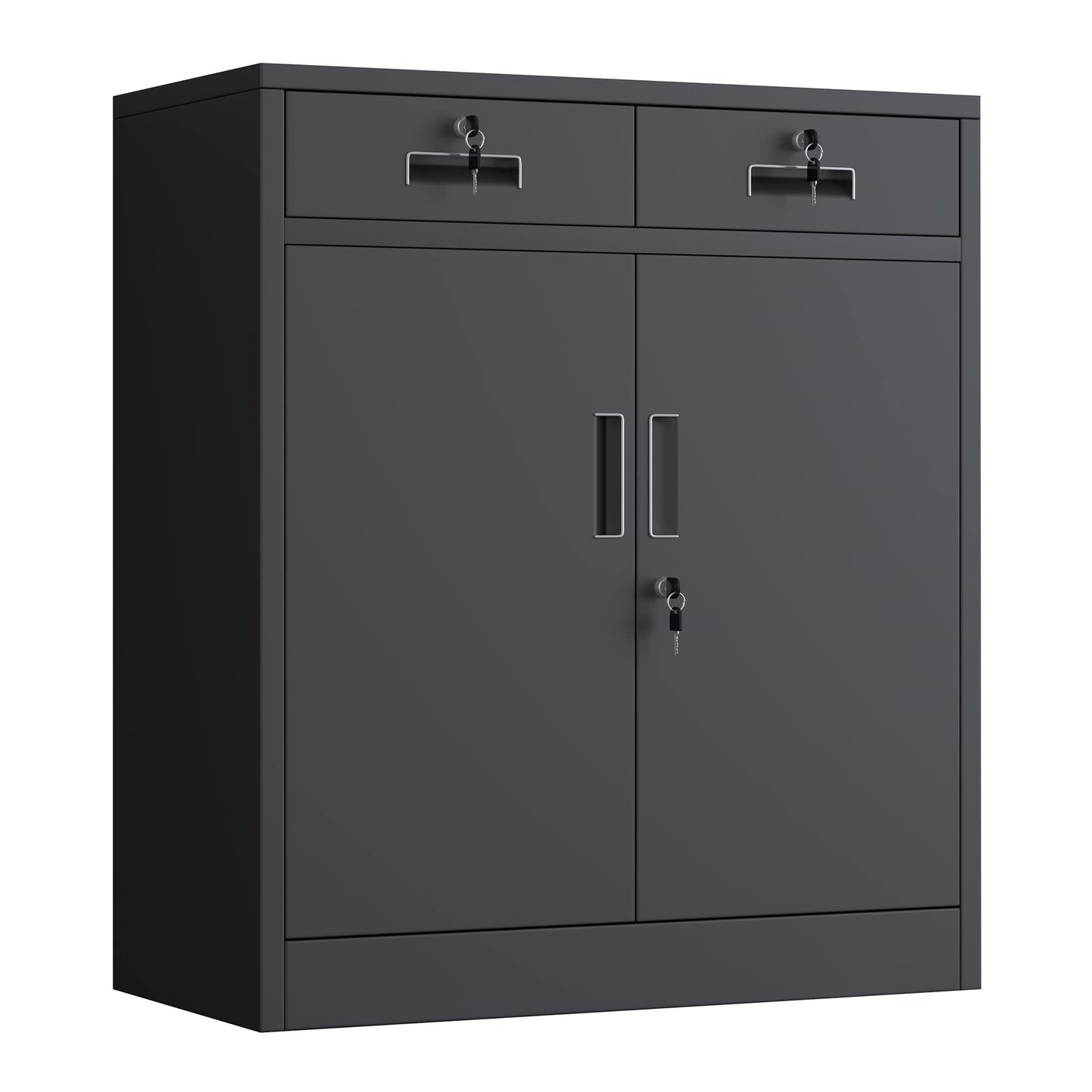 JINGUR Metal Storage Cupboard with Locking Doors and 2 Drawers (Black)