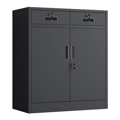 JINGUR Metal Storage Cupboard with Locking Doors and 2 Drawers Black