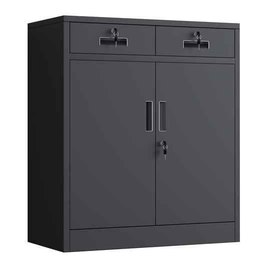 JINGUR Metal Storage Cupboard with Locking Doors and 2 Drawers Black