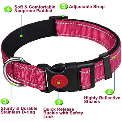 ATETEO Dog Collar, Reflective Adjustable Basic Dog Collar with Soft Neoprene Padding, Durable Nylon Pet Collars for Puppy Small Medium Large Dogs, Hot Pink, M: 13-19.7 inch