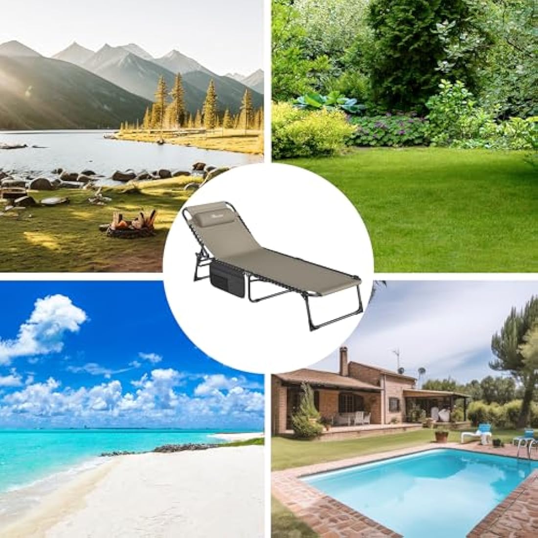 YITAHOME Reclining Sun Lounger Set of 2, Folding Sun Bed 4 Position Adjustable, 190x60x31 cm Sunloungers with Removable Headrest & Side Pocket Load capacity 300lbs for Garden, Beach, Camping, Khaki