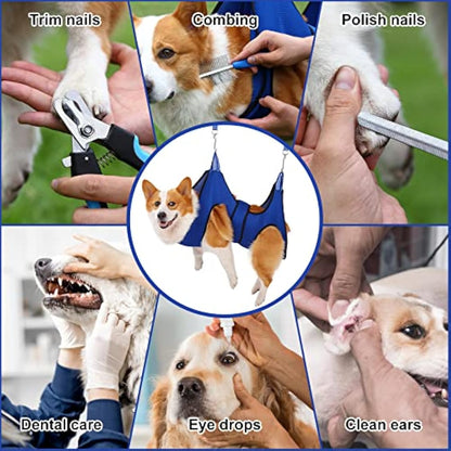 Kkiimatt Dog Grooming Hammock Harness with Nail Clippers, Blue, Large