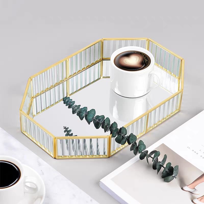 SLHEQING Mirror Tray Gold Vintage Perfume Tray Makeup Jewelry Organizer, Glass Vanity Tray Metal Polygon Tray