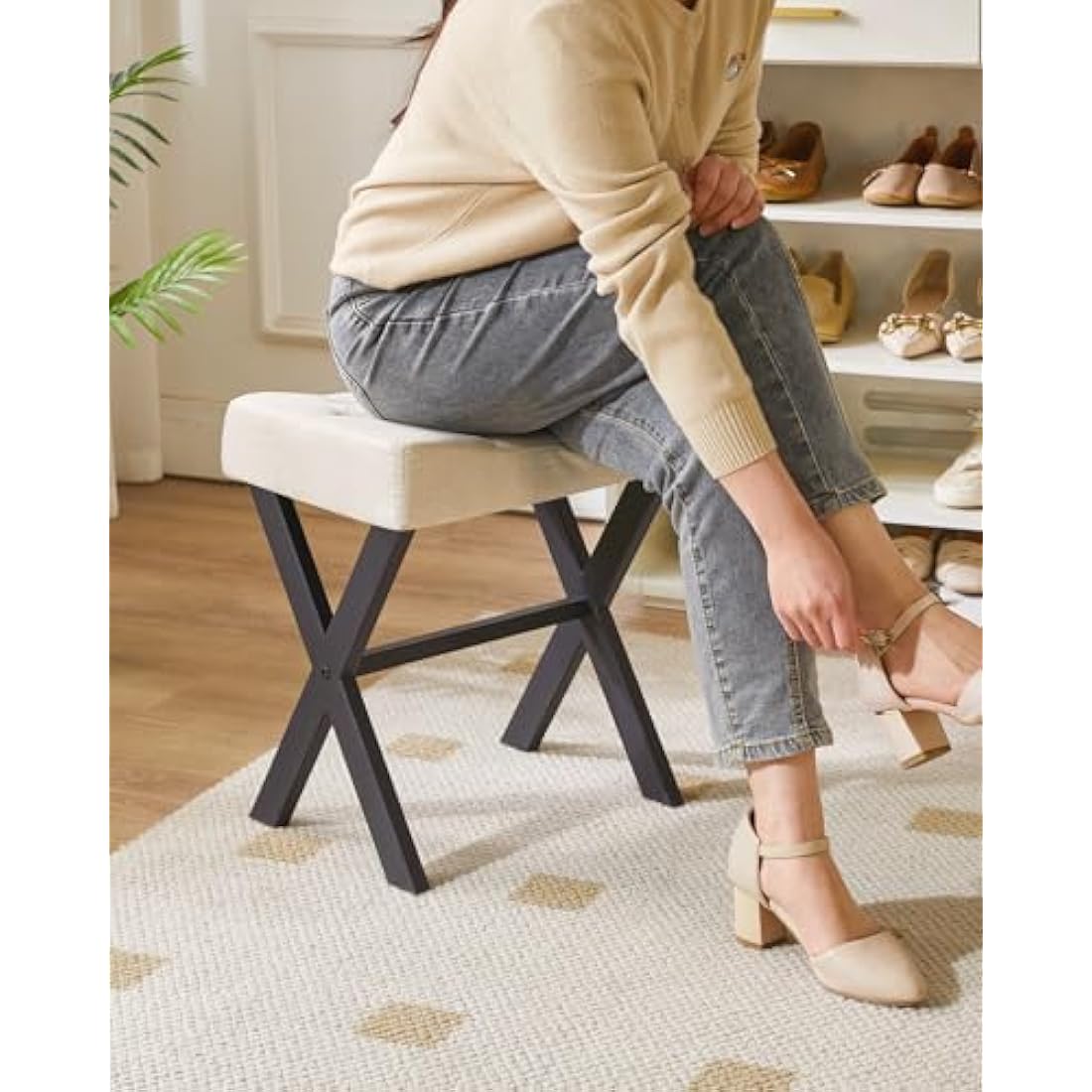 IBUYKE U-shaped Linen Vanity Stool, Square Makeup Stool with X-Leg, Ottoman Seat Footrest Stool, Multi-Use as Small Side Table, for Bedroom, Living Room, Linen WBD018Y