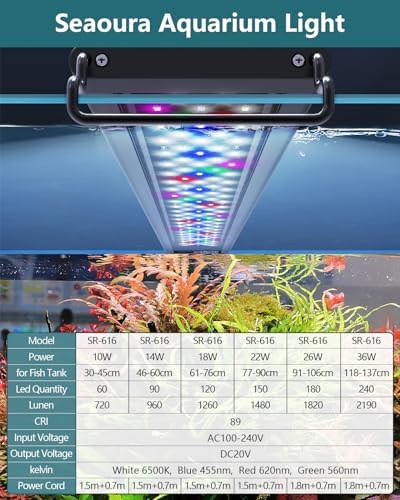 SEAOURA Led Aquarium Light for Plants-Full Spectrum Fish Tank Light with Timer Auto On/Off, Adjustable Brightness, White Blue Red Green Pink LEDs with Extendable Brackets for Freshwater (61-76cm)