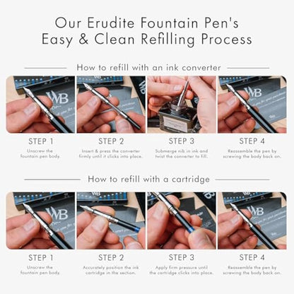 Wordsworth & Black Fountain Pen Set, Extra Fine Nib, Includes 24 Pack Ink Cartridges, Ink Refill Converter & Gift Pouch, Chrome Finish, Calligraphy, [Black Chrome], Perfect for Men & Women