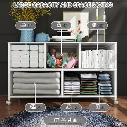 MYGIIVOVO Chest of Drawers, Dresser for Bedroom with 5 Fabric Drawers, TV Stand with 4 Castors, Storage Organizer Unit for Living Room Kids Room (White)